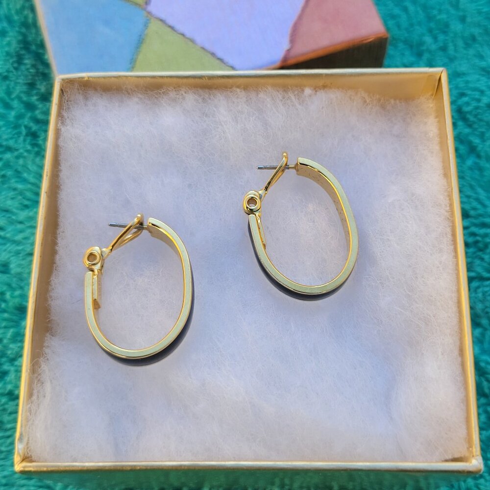 VINTAGE MONET GOLDTONE & BLACK ENAMEL BANGLE EARRINGS